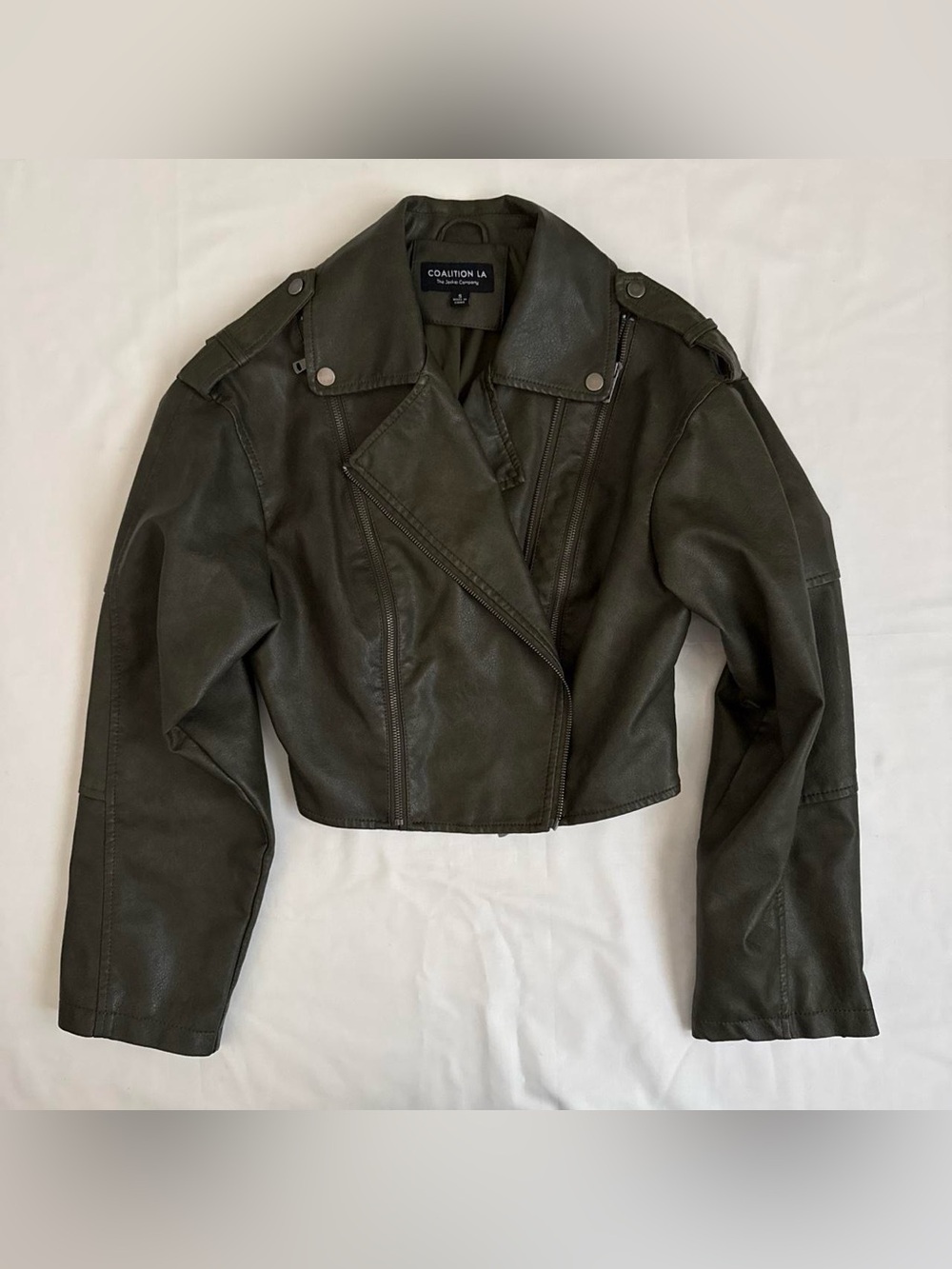 Women's Cropped Faux Leather Jacket - Dark Olive